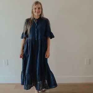 Navy Blue Cotton Eyelet Midi Dress